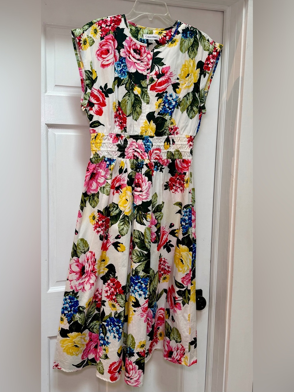 Calvin Klein Floral Midi Dress in White with Pink, Yellow & Blue Blooms